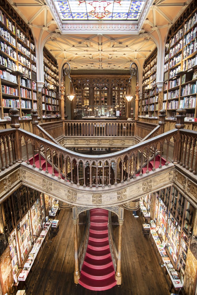 Top View of Library With Red Stairs